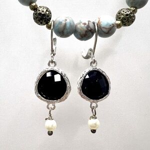 Elegant Sterling Silver Simmer Black Faceted Crystal Drop Earrings
